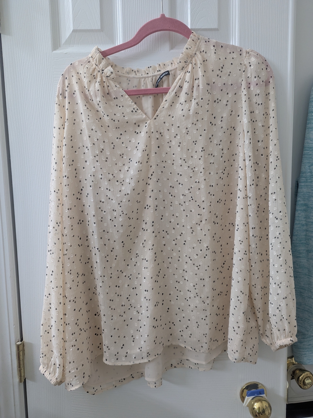 Hilary Radley Cream Sheer V-Neck Blouse with Black Dot Print